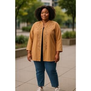 Maggie Barnes Suede Open Front Embroidered Jacket Coat Plus Size 3X